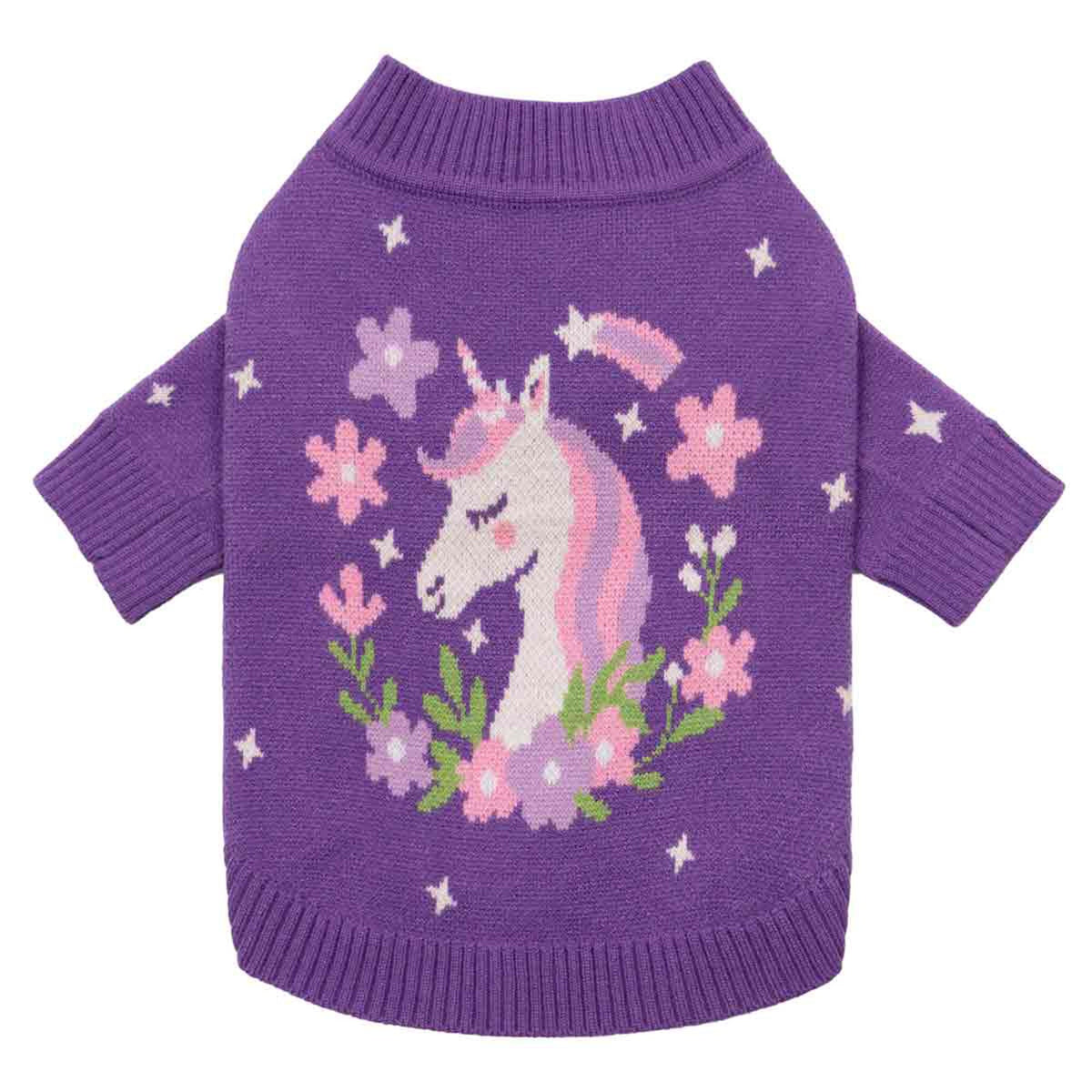 CHOMPA PARA PERRO GATO DISEÑO UNICORNIO MORADA LANA ANGORA ABRIGADORA – TALLA L