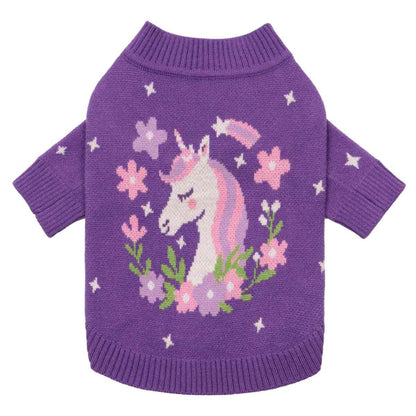 CHOMPA PARA PERRO GATO DISEÑO UNICORNIO MORADA LANA ANGORA ABRIGADORA – TALLA L
