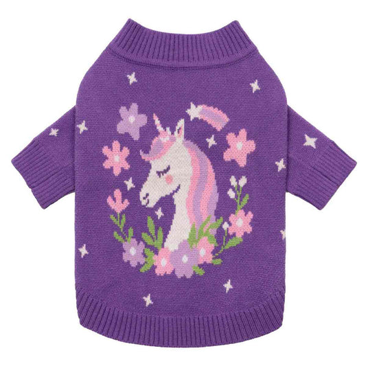 CHOMPA PARA PERRO GATO DISEÑO UNICORNIO MORADA LANA ANGORA ABRIGADORA – TALLA L
