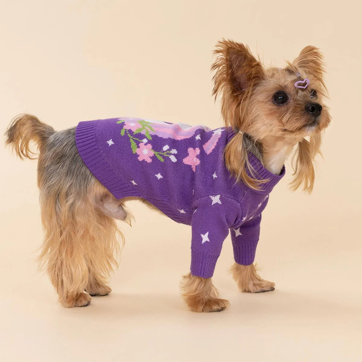 CHOMPA PARA PERRO GATO DISEÑO UNICORNIO MORADA LANA ANGORA ABRIGADORA – TALLA L