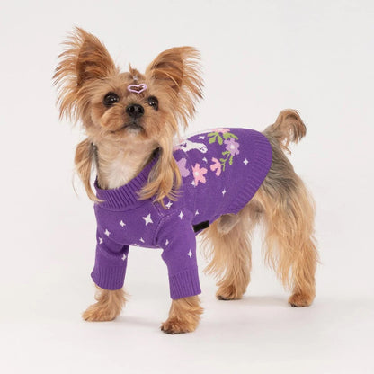 CHOMPA PARA PERRO GATO DISEÑO UNICORNIO MORADA LANA ANGORA ABRIGADORA – TALLA L