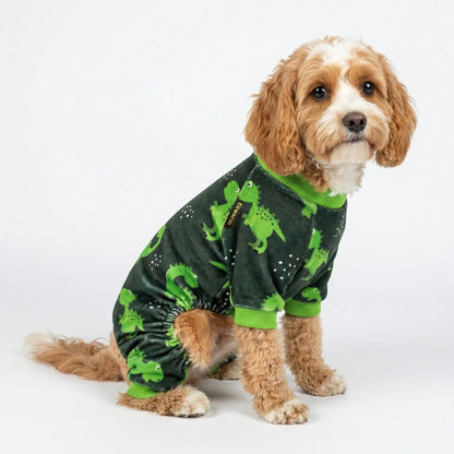 ENTERIZO PIJAMA PARA PERRO DISEÑO DINOSAURIO VERDE ROPA ABRIGADORA MASCOTA PERRO O GATO – TALLA XXL